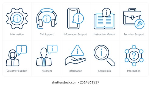 Un conjunto de 10 íconos de Asistencia al cliente como información, Asistencia de llamadas, Asistencia de información