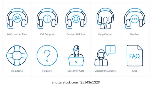 Un conjunto de 10 íconos de Asistencia al cliente como 24 atención al Cliente, Asistencia de llamadas, línea de ayuda de contacto