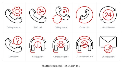 Un conjunto de 10 íconos de Asistencia al cliente como Asistencia de llamada, llamada 24x7, Estado de llamada