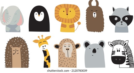 Set of 10 cute animal. Childish vector Illustration. Hand drawn Illustration. Lion, elephant, penguin, lama, racoon, zebra, hedgehog, giraffe, monkey and koala.Can be use for any for baby or kid.