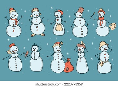 Set of 10 cute christmas character with snowman in flat doodling vector style illustration