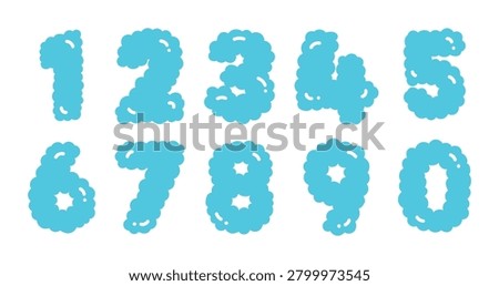 Set of 10 cute cloud-shaped numbers from 0 to 9 in light blue. Minimalist flat vector illustration of fluffy sky cloud typography isolated on a white background for kids sticker design.