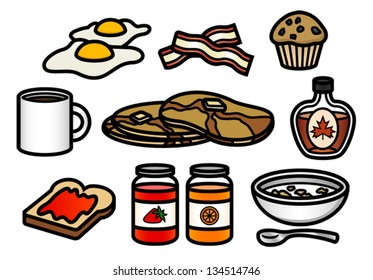 A set of 10 cute and colorful breakfast themed cartoon icons. Eps 8 Vector.