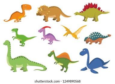 Set of 10 cute dinosaurs in cartoon style vector illustration