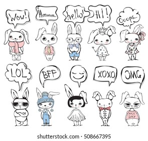 Vector Doodle Animals Set Of 10 Cute Fashion Rabbits With Talk Bubbles