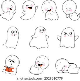 Set of 10 cute ghosts, Collection of 10 adorable white ghosts for Halloween, Make your Halloween cute and fun