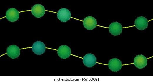 Set of 10 cute green Birthday Party pom poms on strings. Horizontal vector seamless repeat border pattern isolated on black