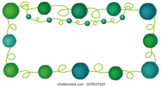 Set of 10 cute green Birthday Party pom poms on a string. Vector border or frame isolated on white