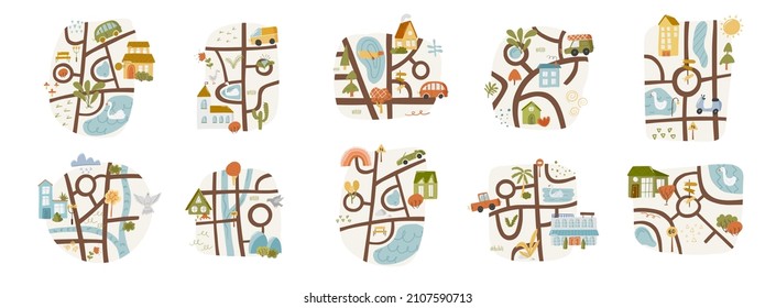 Set of 10 cute landscape doodle map with pond, route and house river country nursery garden cartoon vector illustration, isolated on white. City path wooden pointer, hand drawn printing clipart.