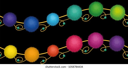Set of 10 cute rainbow colored Birthday Party pom poms on strings. Horizontal vector seamless repeat border pattern isolated on black