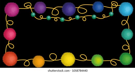 Set of 10 cute rainbow colored Birthday Party pom poms on a string. Vector border or frame isolated on black