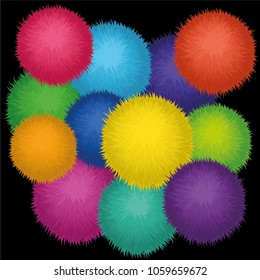 Set of 10 cute rainbow colored Birthday Party pom poms. Vector fluffy balls isolated on black
