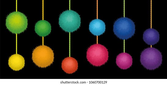 Set of 10 cute rainbow colored Birthday Party pom poms on strings. Horizontal vector seamless repeat border pattern isolated on black