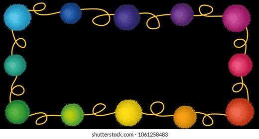 Set of 10 cute rainbow colored Birthday Party pom poms on a string. Vector border or frame isolated on black