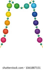 Set of 10 cute rainbow colored Birthday Party pom poms on strings isolated on white