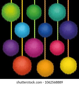 Set of 10 cute rainbow colored Birthday Party pom poms on strings isolated on black
