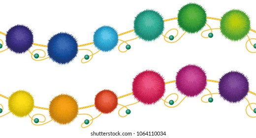 Set of 10 cute rainbow colored Birthday Party pom poms on strings. Horizontal vector seamless repeat border pattern isolated on white