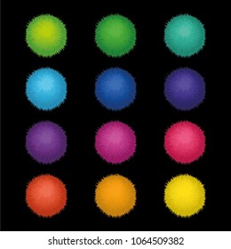 Set of 10 cute rainbow colored Birthday Party pom poms. Vector fluffy balls isolated on black