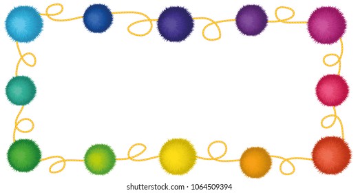 Set of 10 cute rainbow colored Birthday Party pom poms on a string. Vector border or frame isolated on white
