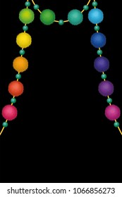 Set of 10 cute rainbow colored Birthday Party pom poms on strings isolated on black