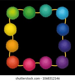 Set of 10 cute rainbow colored Birthday Party pom poms on a string. Vector border or frame isolated on black