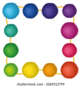 Set of 10 cute rainbow colored Birthday Party pom poms on a string. Vector border or frame isolated on white