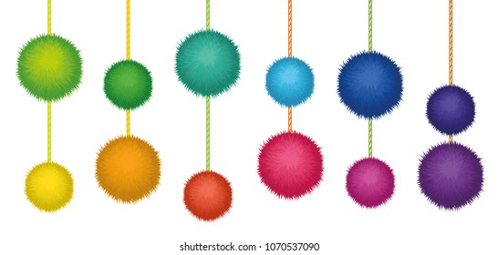 Set of 10 cute rainbow colored Birthday Party pom poms on strings. Horizontal vector seamless repeat border pattern isolated on white