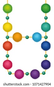 Set of 10 cute rainbow colored Birthday Party pom poms on strings isolated on white