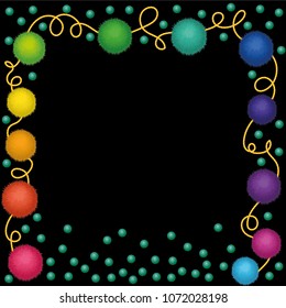 Set of 10 cute rainbow colored Birthday Party pom poms on a string. Vector border or frame isolated on black