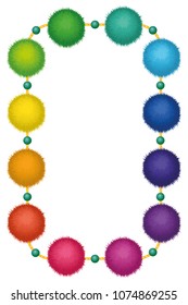 Set of 10 cute rainbow colored Birthday Party pom poms on strings isolated on white