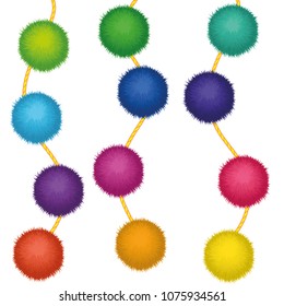 Set of 10 cute rainbow colored Birthday Party pom poms on strings isolated on white