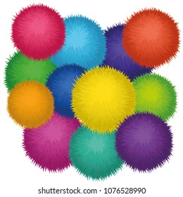Set of 10 cute rainbow colored Birthday Party pom poms. Vector fluffy balls isolated on white