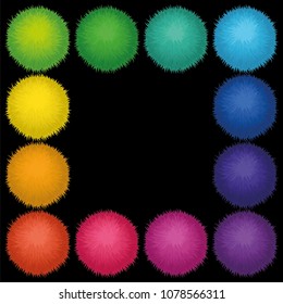 Set of 10 cute rainbow colored Birthday Party pom poms. Vector border or frame isolated on black