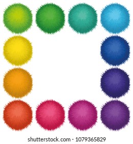 Set of 10 cute rainbow colored Birthday Party pom poms. Vector border or frame isolated on white