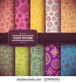Set of 10 cute seamless patterns with flowers, birds and abstract elements. EPS10 vector