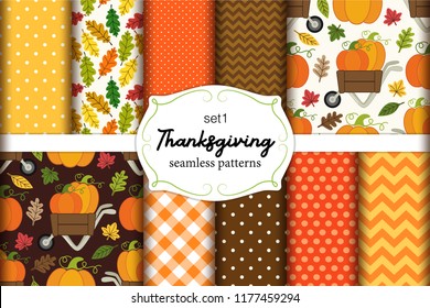 Set of 10 cute seamless Thanksgiving patterns ideal for kitchen textile or bed linen fabric or interior wallpaper design, can be used for wrapping or scrap booking paper etc