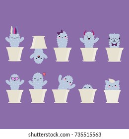 Set of 10 cute vector cacti with funny faces for stickers, patches etc. 