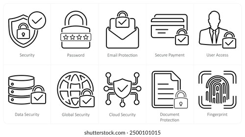 A set of 10 cyber security icons as security, password, email protection, secure payment