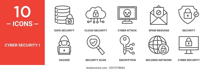 A set of 10 cybersecurity icons including data security, cloud security, cyberattack, spam messages, encryption, and secured networks for digital protection themes.