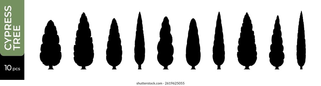 Set of 10 cypress tree silhouette vector illustrations in various shapes, perfect for landscape design, architectural mockups, and vector art
