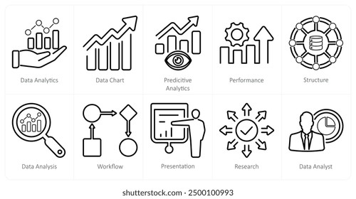 A set of 10 data analytics icons as data analytics, data chart, predictive analytics