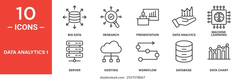 A set of 10 data analytics icons featuring big data, machine learning, database, workflow, server hosting, and research for technology and business insights concepts