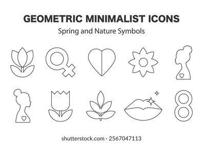 Set of 10 Women’s Day Line Art Icons with Female Silhouettes and Equality Symbols, March 8 in a Vector Design