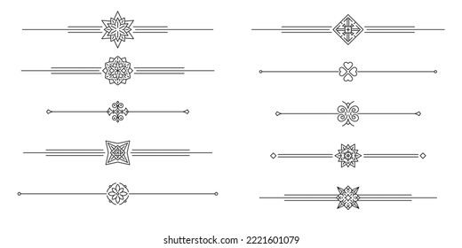 Conjunto de 10 divisores de texto decorativos de estilo mono-línea vectorial
