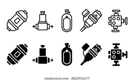 Set of 10 deep sea oil wellhead icons featuring subsea accumulator, hydraulic valve, wet mate connector, and tree vector elements