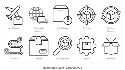 Eine Reihe von 10 Liefersymbolen als Luftlieferung, weltweite Lieferung, Boxlieferung