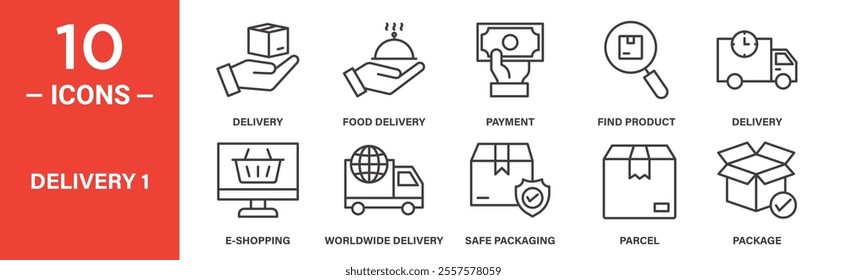 A set of 10 delivery icons depicting logistics concepts like shipping, e-shopping, food delivery, payment, worldwide delivery, and safe packaging for modern commerce.
