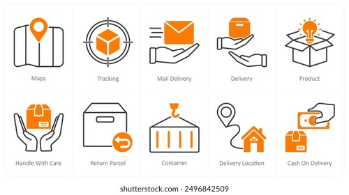 A set of 10 Delivery icons as maps, tracking, mail delivery