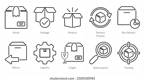A set of 10 delivery icons as parcel, package, product