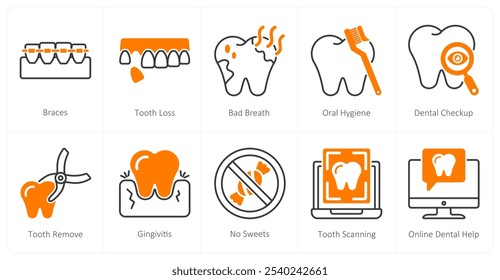 A set of 10 dental care icons as braces, tooth loss, bad breath